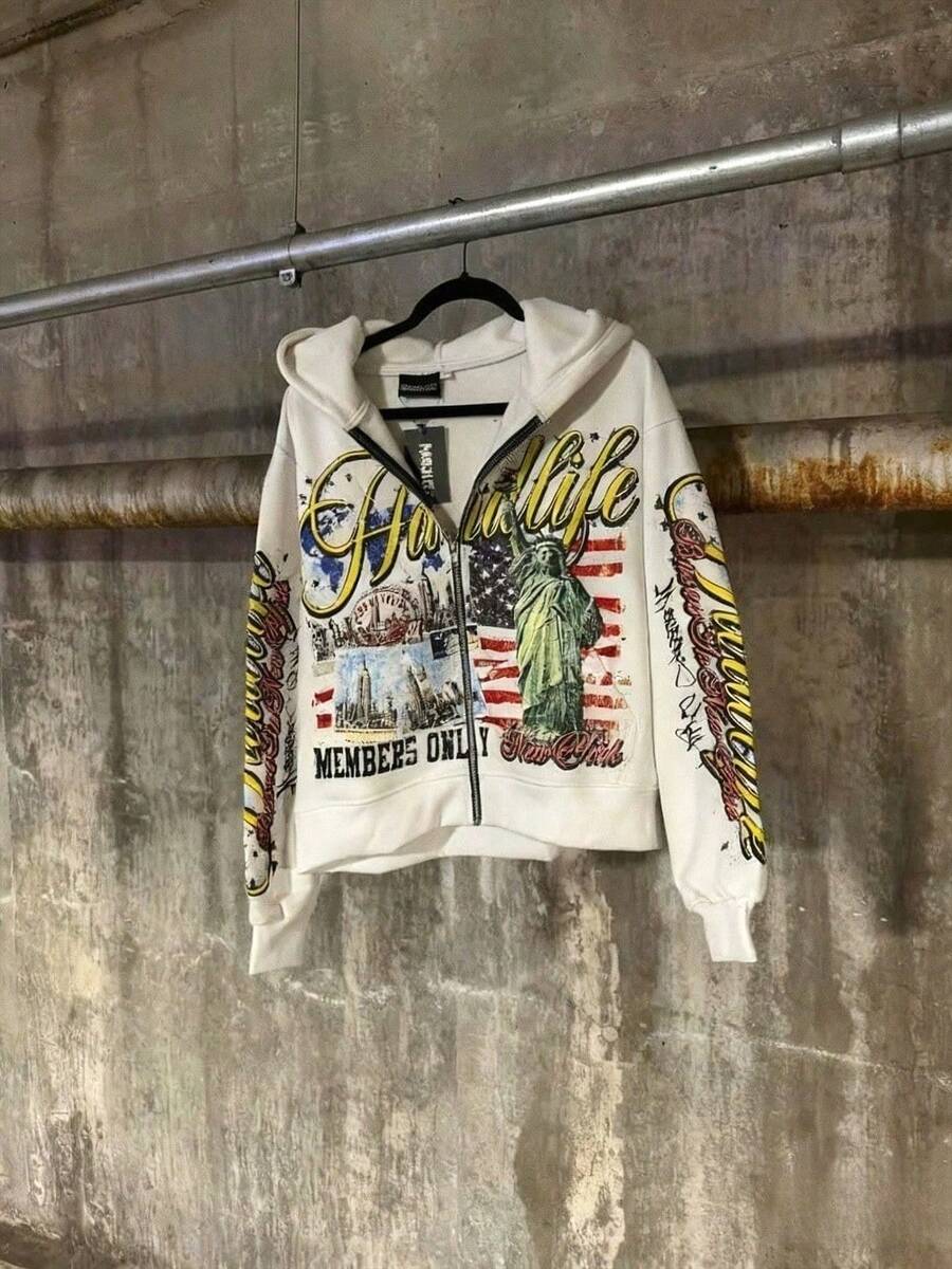 Y2K Street Letter Print Unisex Hooded Sweatshirt, Oversized Vintage Zip Hoodie, Hip-Hop Style Graphic Top, Fashionable Coat - 白色 - 查看 1