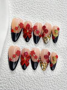 10片装成熟魅力女士美甲贴纸，黑色法式假指甲，人造红色花朵装饰，小巧红色花朵点缀，合金玫瑰造型饰品，闪亮水钻，三种尺寸可选：杏仁形、方形、尖头形，包含工具（1片果冻贴纸+1个指甲锉），适合女性和女孩，秋冬季节、派对、日常佩戴美甲配件，手工按压式美甲贴片 - 彩色 - 查看 17