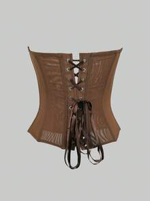 Y2K 优雅半透明网纱修身胸衣上衣，配钢圈，前系带露背塑身衣，女士夏季外套 - 棕色 - 查看 4