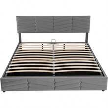 Upholstered Bed, Double Bed, Hydraulically Adjustable Base, Velvet, Striped Style, Continental Style Bed, Height-Adjustable Headboard, 160 X 200 Cm, Grey - Grey - View 9