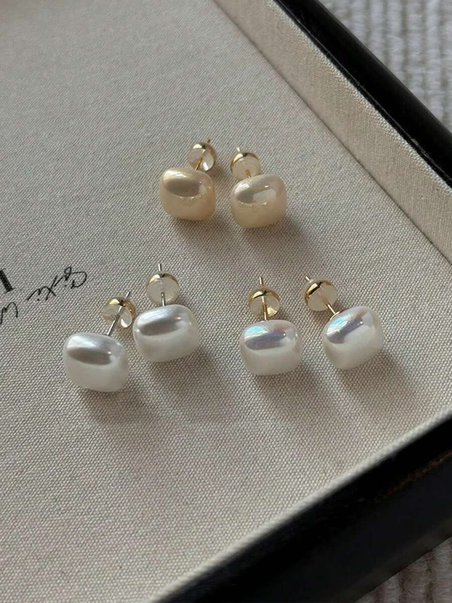 3 Pairs Minimalist Retro Fashionable High-End Square Faux Pearl Stud Earrings, Elegant Design Luxury Versatile Earring Set Suitable For Women's Daily And Holiday Wear