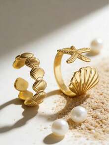 2pcs Elegant Starfish & Shell Stainless Steel Gold Plated Adjustable Ring Set, Suitable For Daily Wear And Holiday Gifts - As Shown - View 2