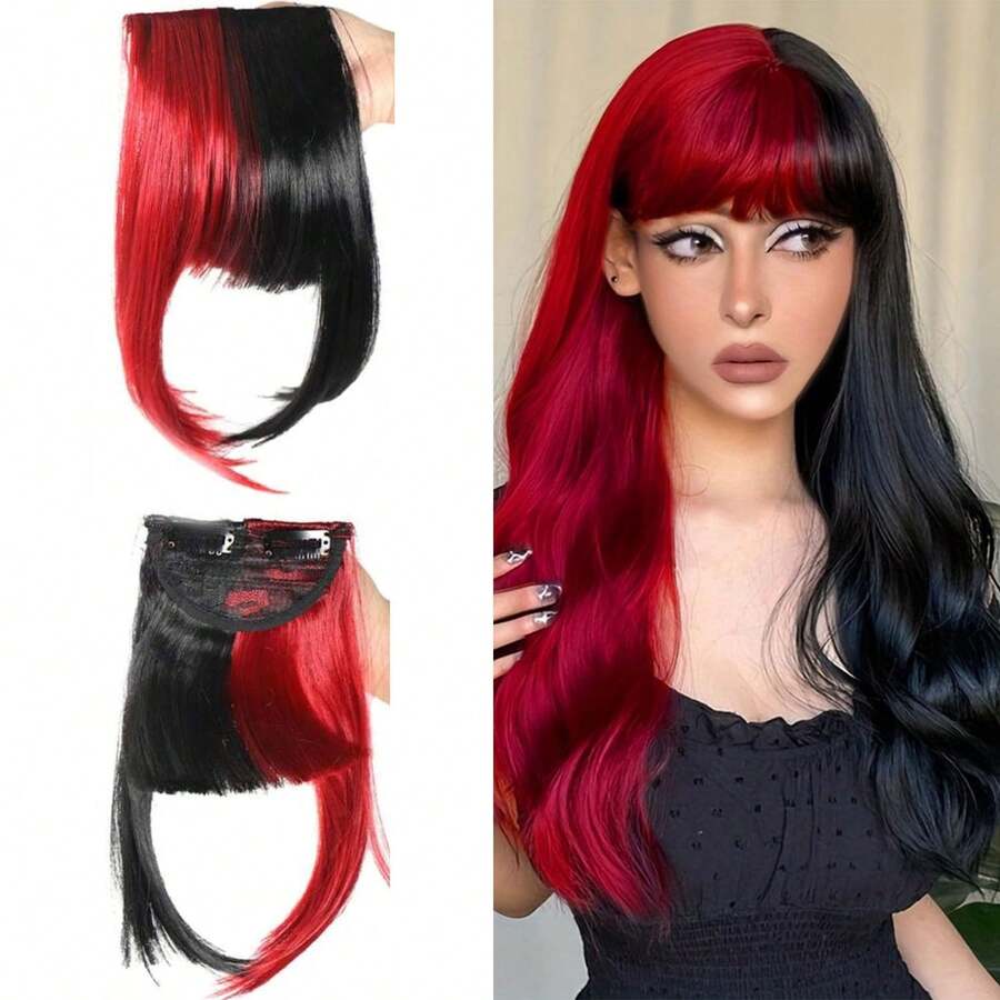 Clip-In Hair Bangs Extensions,With Invisible Clips Airy French And Air Bangs Thin Hair With Temple Coverage For Women Curved Bangs Easy To Style For Daily Wear (Black And Red, French Bangs),38547309 - Black - View 1