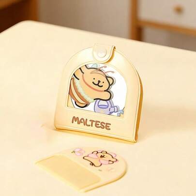 Miniso Line Puppy 马尔济斯犬系列黄色轻便二合一镜子梳子套装（带便携收纳袋）：ABS材质+圆形亲肤梳齿+高清镜子，翻盖便携设计，少女化妆必备，适合日常通勤/外出/校园补妆（1件装）