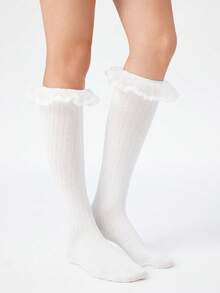 Women's Lace Patchwork Ruffle Knee High Socks, Cute And Sweet Leg Warmers To Pair With Skirts - White - View 4