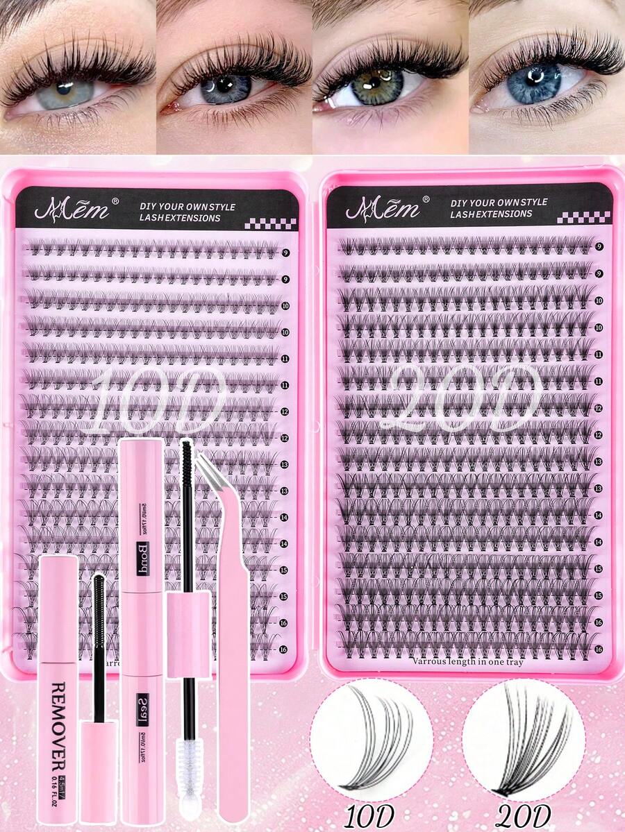 MEM 640片装夸张C型卷翘9-16mm混合款DIY睫毛嫁接套装，包含DIY下睫毛、睫毛教程、柔软簇状假睫毛，打造蓬松自然的Y2K蝴蝶妆效，在家轻松DIY睫毛。套装内含睫毛胶水、卸妆液、镊子、睫毛簇等。