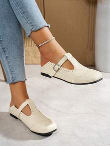 Women's Casual Versatile Shoes, New Design Round Toe Soft & Comfortable Slip-On Shoes With Strap Decor, Suitable For Commuting And Daily Wear - Beige - View 2