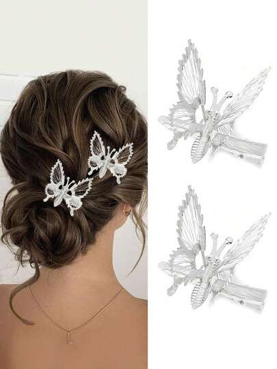 2pcs/Set Girls Butterfly Hair Clips, Silver Metal Hair Pins With Movable Butterfly Decor, Hair Accessories For Girls