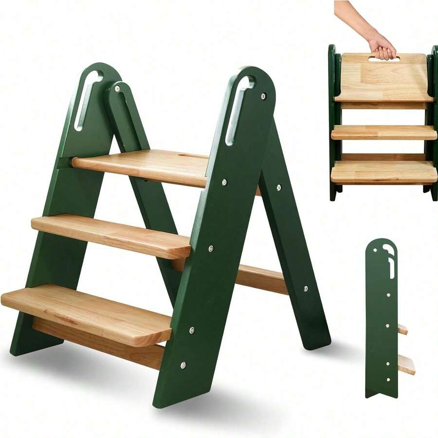 Wooden Step Stool For Toddler, Kids Step Stool For Bathroom Sink, Foldable Toilet Potty Training Stool With Non-Slip Pads And Handles, Child Kitchen Counter Wooden Ladder For Toddlers, Green - màu xanh lá - Xem 1