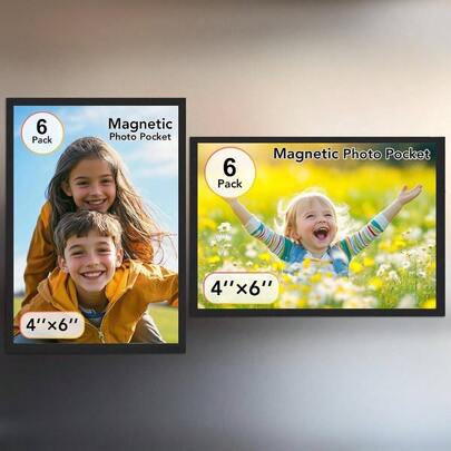 Magnetic Picture Frame, 6 Pcs Magnetic Picture Frames Refrigerator 4x6, Magnetic Photo Frames With White Border, Refrigerator Magnets Pictures Suitable Home, School, Office Black, 4x6 - 6pcs