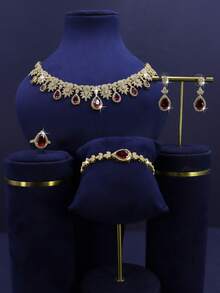 5pcs 18K Gold Plated Luxury Royal Style Maple Leaf Design Bridal Wedding Jewelry Set, Suitable For Daily Wedding Wear, Wedding Anniversary Gift (Gold Gift Box) - Maple Leaf Red Diamond Bride Set - View 9