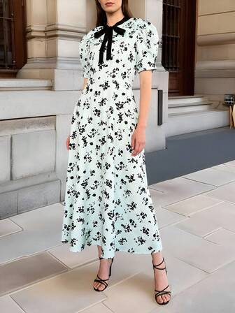 女士休闲A字长连衣裙，撞色领，短泡泡袖，荷叶边下摆，印花中长连衣裙，梭织面料