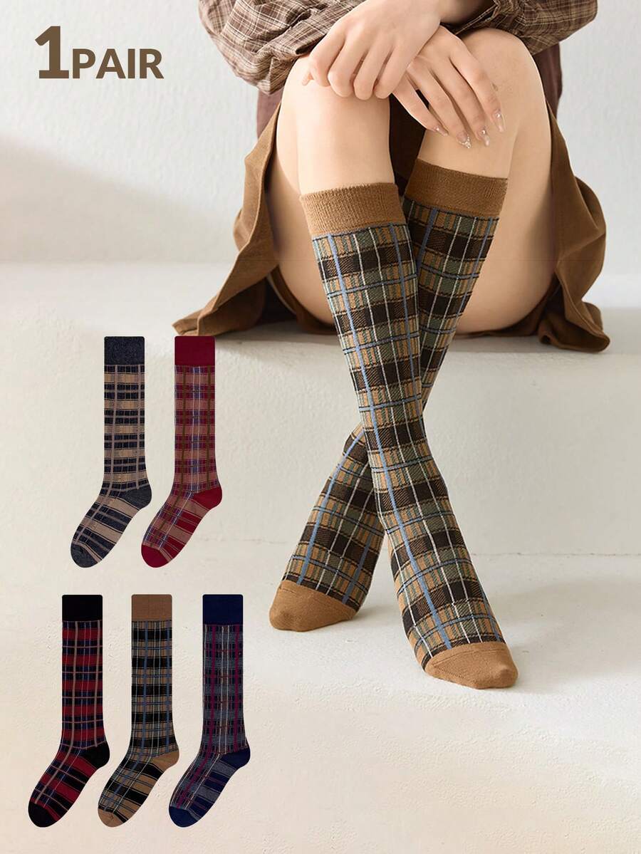 1pair Plaid Long Socks Women Stockings Women Harajuku Retro Vintage Stocking Women Stockings College Style Knee Socks - Multicolor - View 1