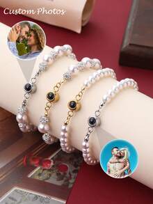 An Elegant Pearl Bead Custom Photo Bracelet Adorned With Diamond Accents - A Multi-Metal Tone Adjustable Piece Perfect For Mother's Day, Valentine's Day, Anniversaries, Or Birthday Surprises. Blends Bohemian, Minimalist, Vintage, And Urban Styles. - Valentine's Day Pet Lover Gift