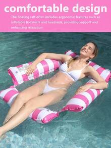 带网眼的充气泳池吊床 - 条纹成人躺椅，适合度假、派对和休闲放松，有粉色、黄色、白色、绿色、蓝色等多种颜色可选，户外吊床，海滩和泳池必备，拍照打卡好物 - 彩色 - 查看 8