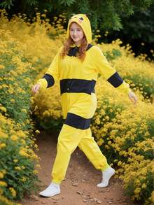 1pc Animal Home Pajamas Jumpsuit Warm Fleece Costume Sleepwear, Autumn/Winter Couples Gifts Suitable For Men And Women Party Outfit - Bee - View 6