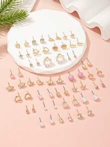 30pcs/Set Cute & Fashionable Women's Stud Earrings Set, Delicate Small Flower & Heart Shaped Creative Earrings, Suitable For Daily, Casual, Holiday Wear, Gift - Multicolor - View 3