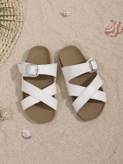 1 đôi dép lê trẻ em mùa hè mới, màu sắc cổ điển, kiểu dáng thời trang, hở mũi, đế bằng, quai chéo, mũi tròn, đa năng, phù hợp cho cả trong nhà và tiệc bãi biển.