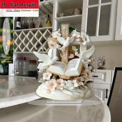 2D Flat, 1pc Sacred White Cross Decoration - Christian Religious Tabletop Decor With Open Book Base, Acrylic Desktop Decoration For Home, Church, Office - Wedding, Easter, Christmas Gift - No Assembly Needed, Church Altar Piece, Design, Handcrafted Look, Faithbased Gifts, 2D Flat