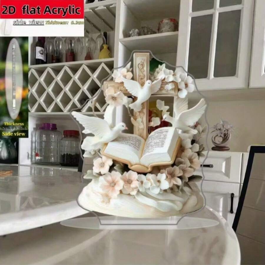1 Peça Decoração de Cruz Branca Plana 2D - Ornamento de Mesa Religioso Cristão com Base de Livro Aberto, Decoração de Mesa Acrílica para Casa, Igreja, Escritório - Presente de Casamento, Páscoa, Natal - Sem Montagem Necessária, Peça de Altar da Igreja, Design Elegante, Artesanal, Presente de Fé, Plano 2D - Multicolorido - Visão 1