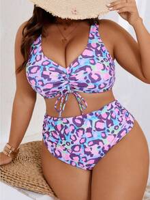 Women's Sexy Leopard Print Plus-Size Bikini Set.The High-Waisted Bikini Bottoms Flatten The Tummy And Enhance Your Curves. A Vacation-Style Women's Swimwear Piece, It's An Essential Item For Beach Swimming During Christmas. - 花色2 - 查看 5