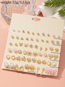 Set de 30 pares de pendientes de botón con diseños surtidos de flores, lágrimas, corazones, lazos y copos de nieve con perlas falsas de metal, un regalo de joyería encantador para mujeres, adecuado para uso diario y días festivos - Multicolor - Ver 6
