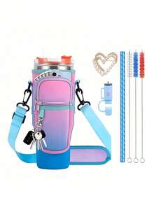 1个水壶袋/7件套运动水杯配件套装，包括30-40盎司水壶袋、心形胸针装饰、彩色吸管防尘套、3个彩色清洁刷、彩色水纹吸管