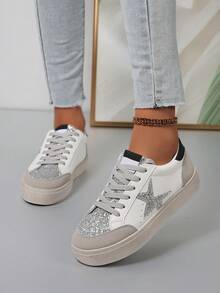 1 par de tênis casuais femininos com estampa de estrelas brilhantes, modelo charmoso com cadarço, ideais para esportes, atividades ao ar livre e todas as estações. - Branco - Ver 2