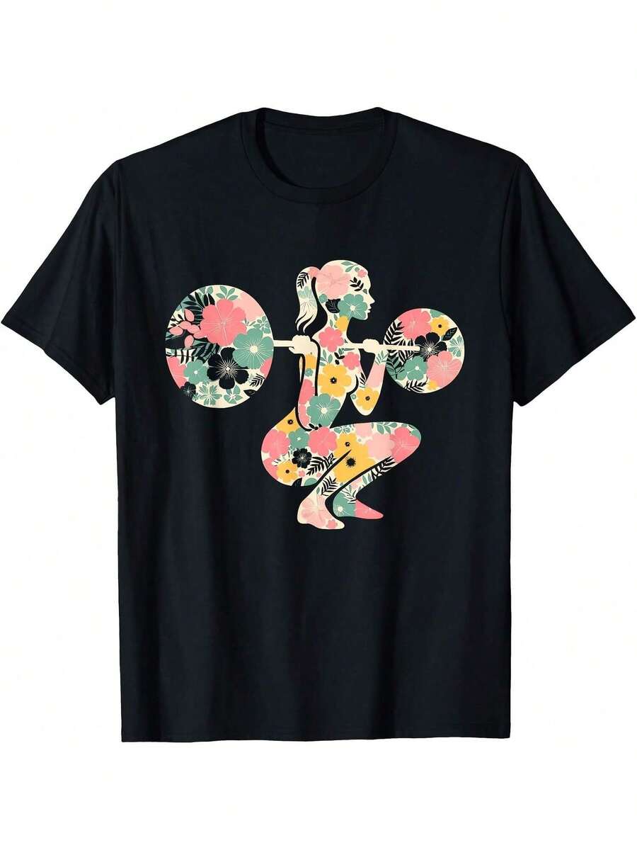 Floral FLower Weightlifting Workout Gym Fitness Mothers Day T-Shirt - màu đen - Xem 1