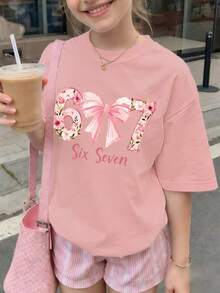 1pc Cute Number Teen T-Shirt, Designed For Girls, Printed With "67 (Sixty-Seven)" + Bow & Flower Decoration, Soft And Comfortable, Suitable For Spring/Summer Camping - Pink - View 7