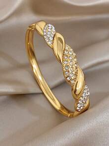 18K Gold Plated Elegant Braided & Full Zirconia Stainless Steel Bangle Bracelet & Ring Set, Women's Luxury Jewelry Set, For Valentines, Party, Gala, Daily, Dating, Gras, New Years, Wedding, Beach, Christmas Anniversary, Elegant Mom Gift Boho Jewelry Birthday Bridesmaid Gift