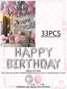 33/35件粉色银色气球套装，包含16英寸银色“生日快乐”字母气球、32英寸银色数字铝箔气球以及粉色银色乳胶气球，适用于生日派对装饰，例如16岁、18岁、21岁、23岁、30岁生日。 - 彩色 - 查看 12