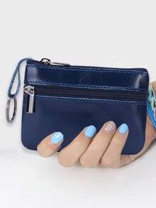 Women's Stylish Mini Coin Pouch - Zipper Closure Key Ring Wallet For Daily Errands & Shopping - Navy - View 2