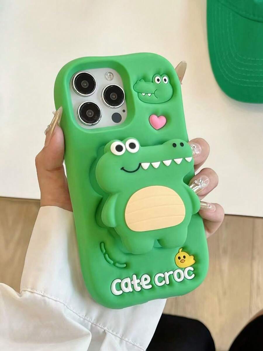 Cartoon 3D Stand Crocodile Phone Case Compatible With IPhone 17, 16, 15, 14, 13, 12, 11 - Green - View 1