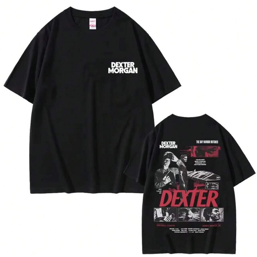 Camisetas de impresión gráfica de TV Play Dexter Morgan para hombres y mujeres, camisetas casuales vintage de algodón de manga corta, camisetas sueltas y de gran tamaño para hombres - Negro - Ver 1