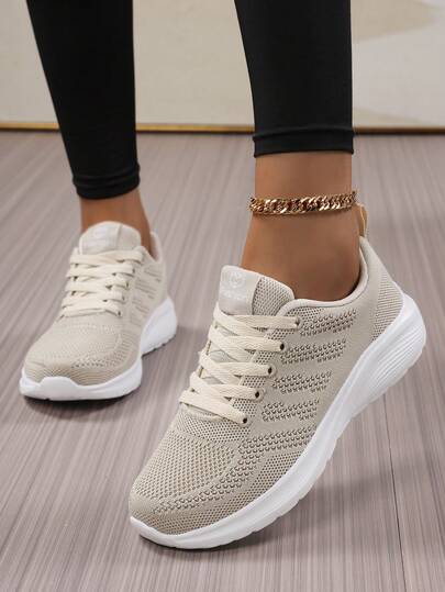 Women's Solid Color Sports Shoes Mesh Fabric Lace-Up Travel Shoes Lightweight Casual Work Shoes Student Running Shoes, Breathable Low-Top Shoes For All Seasons
