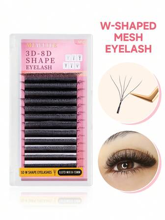 Extensiones de pestañas individuales MewLite 12 filas en forma de D, mezcla de 8-15 mm, volumen suave, negro mate de cachemira 3-8D en forma de W