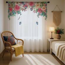 ستارة شفافة رومانسية بنقشة زهور وفراشات الأبعاد، خلفية بيضاء، مصنوعة من ألياف البوليستر، مناسبة للمنازل المؤجرة والغرف المعيشية والمطابخ والنوم، قابلة للإزالة والغسل في الغسالة، ستارة نافذة صغيرة - متعدد الألوان - مشاهدة 12