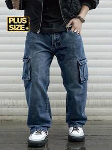 Plus Size Men's Denim Pants 1XL-6XL, Men's Vintage Workwear Jeans, New Autumn And Winter Style, Loose Straight Pants, High Waist Non-Slip, Soft Skin-Friendly Fabric, Fashionable Casual Street Commuting Versatile - 孔雀藍 - 查看 10