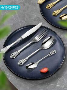 4/16/24pcs Silver/Gold Stainless Steel Vintage Cutlery Set, Steak Knife, Fork Spoon Dessert Spoon, For Home Kitchen Hotel Restaurant Party Festival Thanksgiving Easter Christmas Wedding, Home & Hotel Restaurant Tableware Combination, Kitchen Knife, Gift Cutlery Set, Western Restaurant Birthday Holiday Anniversary Cutlery Set, Machine Washer Washable