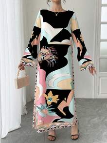 一件印花撞色长袖连衣裙，优雅阿拉伯风格女士礼服，奢华派对/节日礼服，春季黑色 - 黑色 - 查看 5