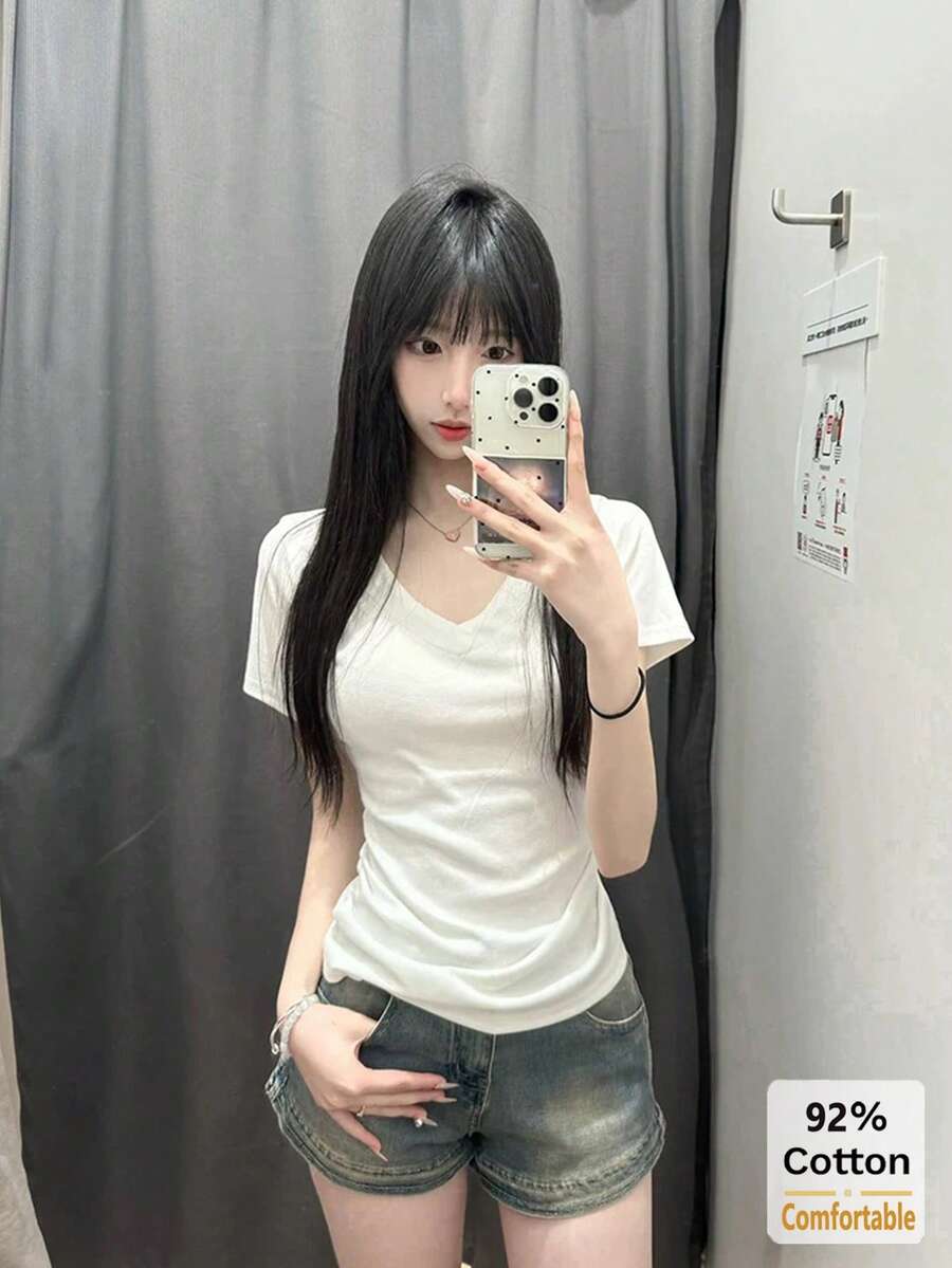 女款V領短袖T恤，百搭純色修身休閒白色夏季款，透氣 - 白色 - 查看 1