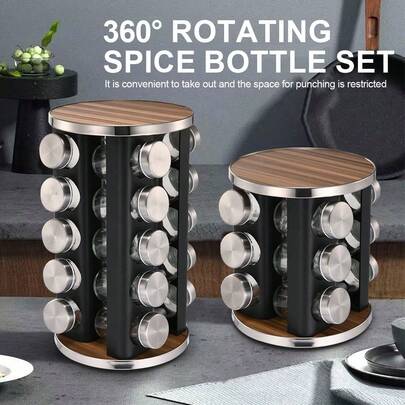 Rotating Spice Bottle Rack, Kitchen Rotating Spice Rack, Portable Rotating Storage Rack, Spice Bottle Set, Round Spice Jar, Kitchen BBQ Spice Bottle, Spice Rack Storage Box, Kitchen Tools, Kitchen Accessories (This Rack Is Handmade, Minor Scratches Are Normal, Please Consider Carefully When Purchasing)