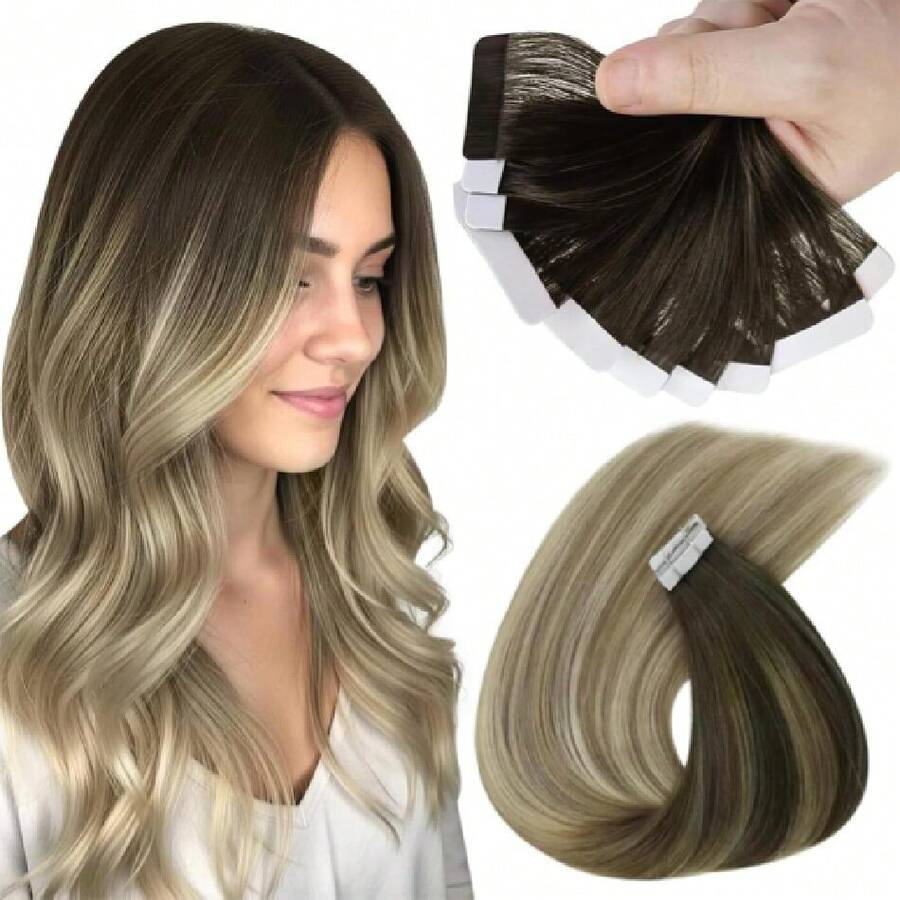 Sunny Tape In Hair Extensions Human Hair Dark Brown Balayage Blonde Hair Extensions Real Human Hair Tape Ins 12 Inch Tape In Extensions 20Pcs 30g,38531592 - Dark Brown - View 1