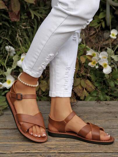 Women's Summer New Flat Roman Lace-Up Sandals, Non-Slip Foam Thick Soles, Fashion Versatile Criss-Cross Rope Casual Round Toe Buckle Beach Outdoor Home Foam Solid Color, Run Large Half Size