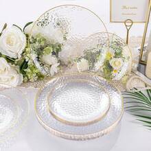 50/25/12/2pcs Transparent Gold Rim Hammered Dinnerware Set, Includes 7.5" Dessert Plates/10.25" Dinner Plates, 2 Sizes Available, Great For Barbecue, Wedding, Party, New Year, Anniversary, Birthday, Family Gathering, Engagement Party, Bridal Shower