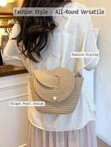 New French Niche Woven Women's Handbag, Summer Beach Vacation Bag, Large Capacity Tote Vegetable Basket,Woven Bucket Beach Bag For Women, Knitted Tote With Crossbody Strap & Pearl-Accented Twist Knot Closure, Minimalist Straw Bag For Vacation, Wedding Events, And Summer Outings, Roomy Purse Fits Phone, Wallet, Keys In Khaki And BeigeThe Best Gift Choice, Birthday Gift, Valentine's Day[US Local Warehouse] - 彩色 - 查看 5