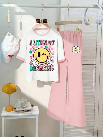 2pcs/Set Girls Summer Loose Casual T-Shirt And Flare Pants Outfit, Cute Printed Long Pants Set, Suitable For Home, Outdoor Activities & Daily Wear