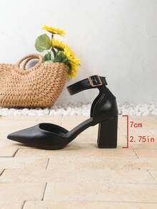 Women's Pointed Toe High Heel Pumps, Leather Upper, Buckle Strap, Chunky Heel, Classic Retro British Style, Elegant & Comfortable Office Heels - Black - View 4