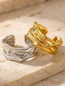 1pc Gold And Silver Tone Textured Cuff Rings Set For Women, Asymmetric Molten Wavy Wide Band Open Adjustable Rings, Chunky Statement Aesthetic Jewelry Gift - Multicolor - View 4